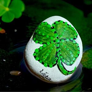 Hand crafted painted four leaf clover rock natural stone lucky shamrock green